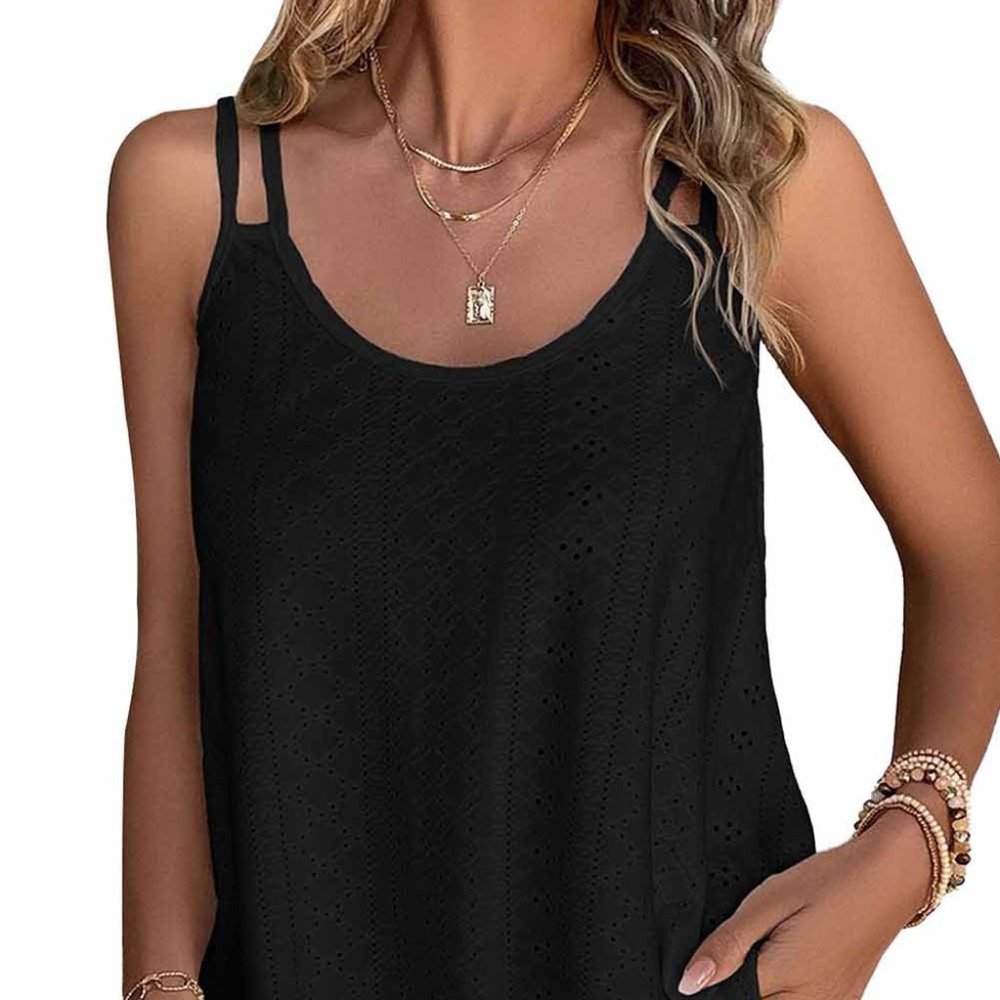 Women's Black Eyelet Strappy Scoop-Neck Tank Top